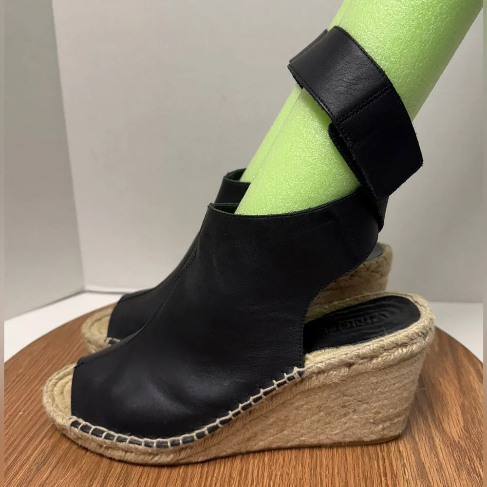 Vince Seymour Covered Black Leather Open Toe Espadrille Jute Wedge Sandal 9M